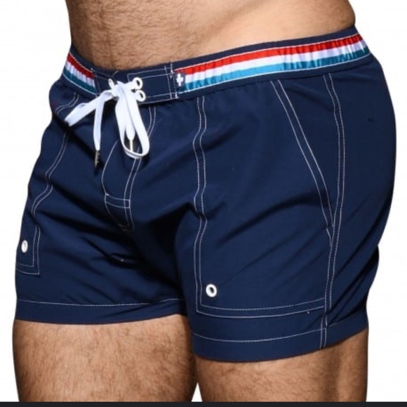 NWT Andrew Christian navy swim trunks with white tie and stripes - Picture 1 of 10
